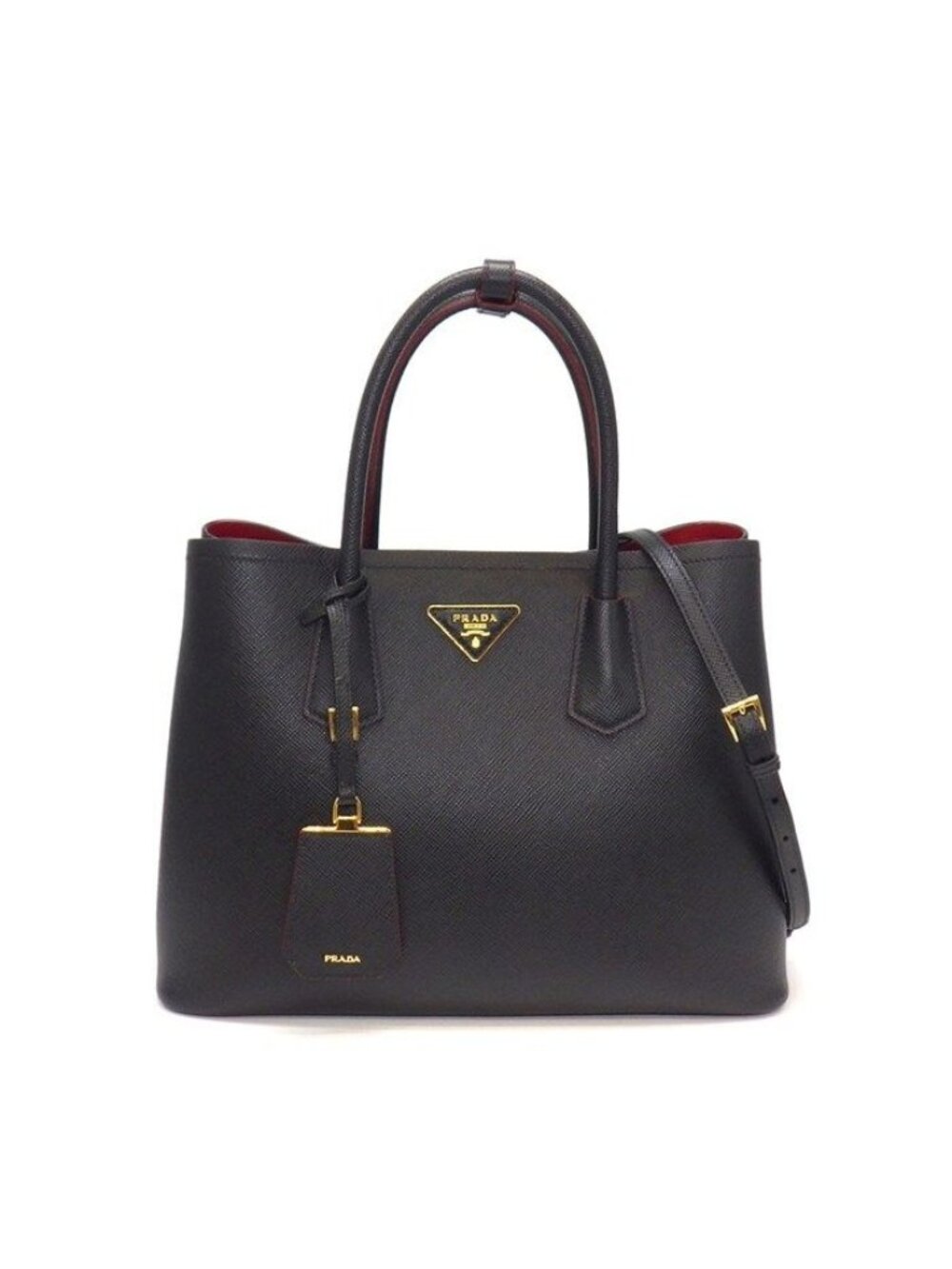 Prada Tote Bag Double Medium Nero Foco Saffiano Cuir Leather Gold